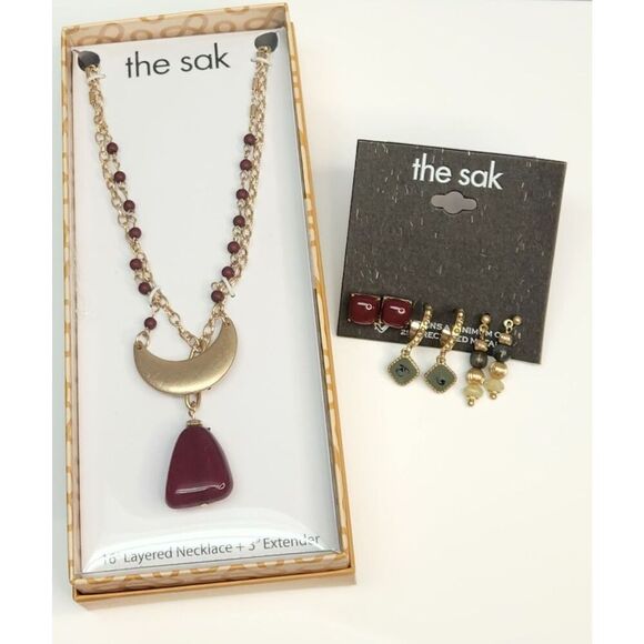 The Sak Gold Tone Fall Jewelry Set Burgundy Olive Green Bohemian Style Gift NWT - Picture 1 of 10